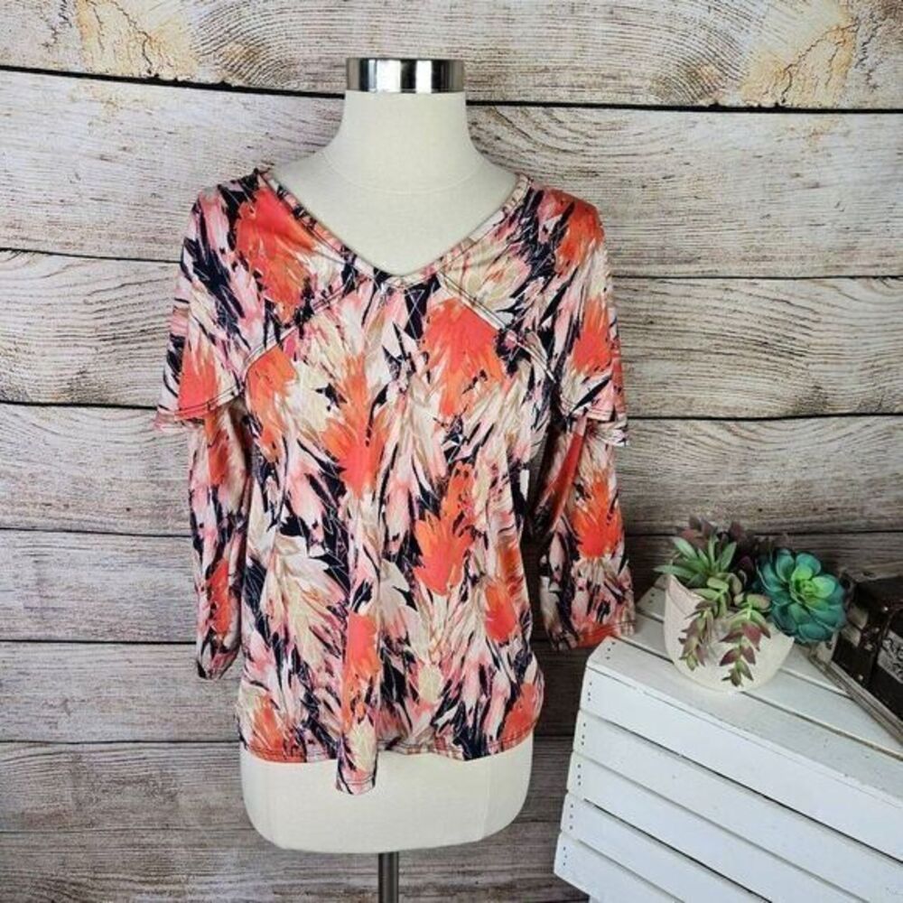 Bleeker McDougal Women's Abstract Pattern 3/4 Sleeve Ruffle Top Size Small